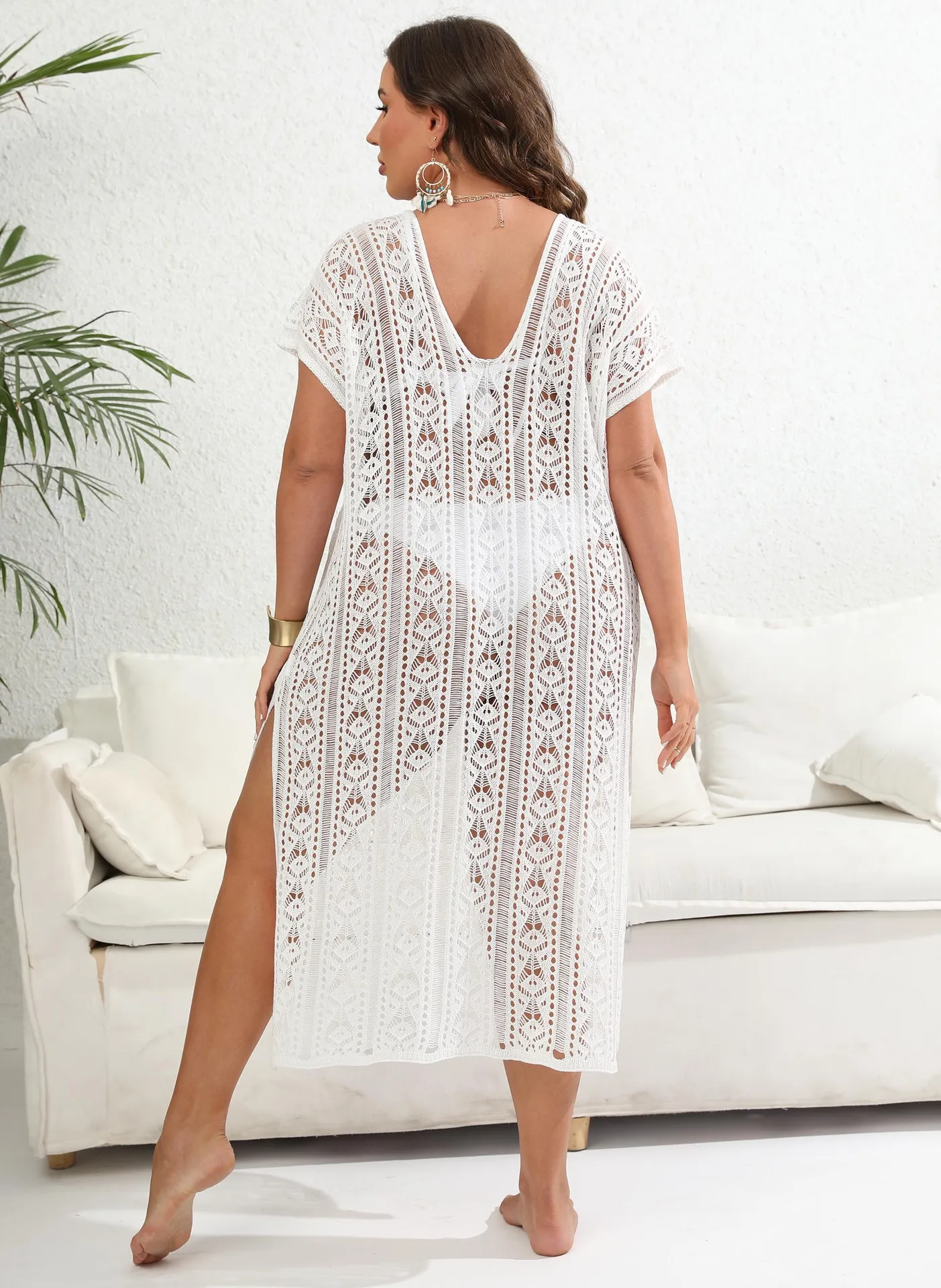 Plus Size Beach Cover Up for Women Summer Sexy Hole Fishnet Dress White Knitted Large Crochet Vestido Feminino Outfits for Women