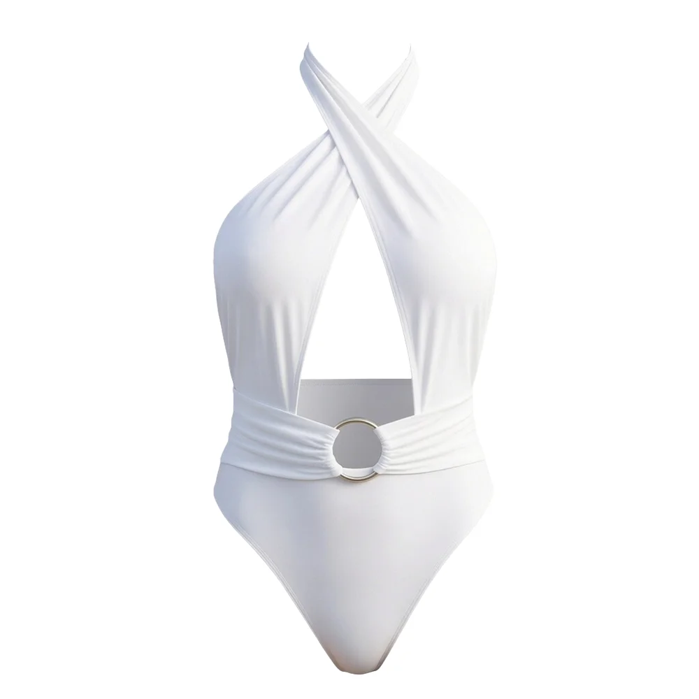 

Women's White Halter One Piece Swimsuit Sexy Cutout Swimsuit with Metal Ring High Cut Backless 2026 Luxury Bikini Beach Swimwear