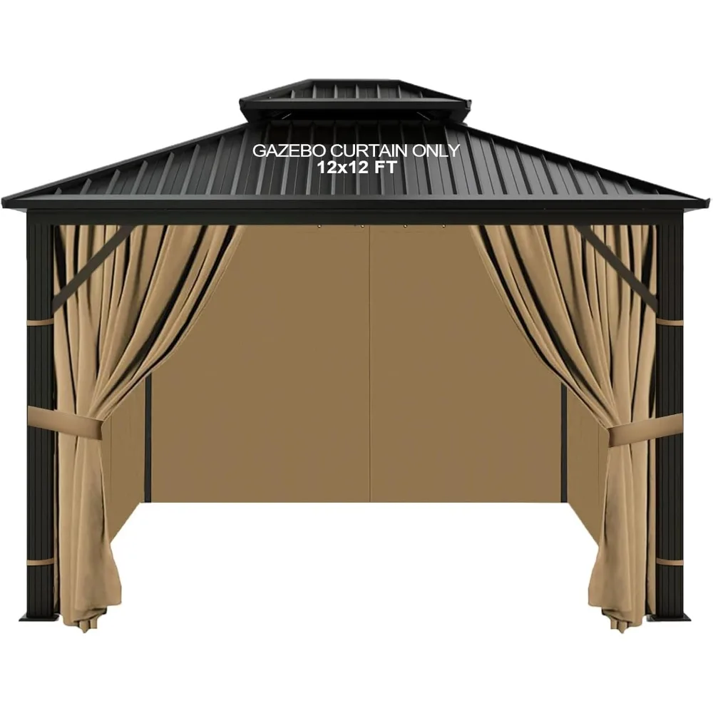 

12'x12' Gazebo Curtains Outdoor Waterproof, Khaki Universal Replacement Curtain 4-Panels, Sidewalls with Zipper for Garden, Pati