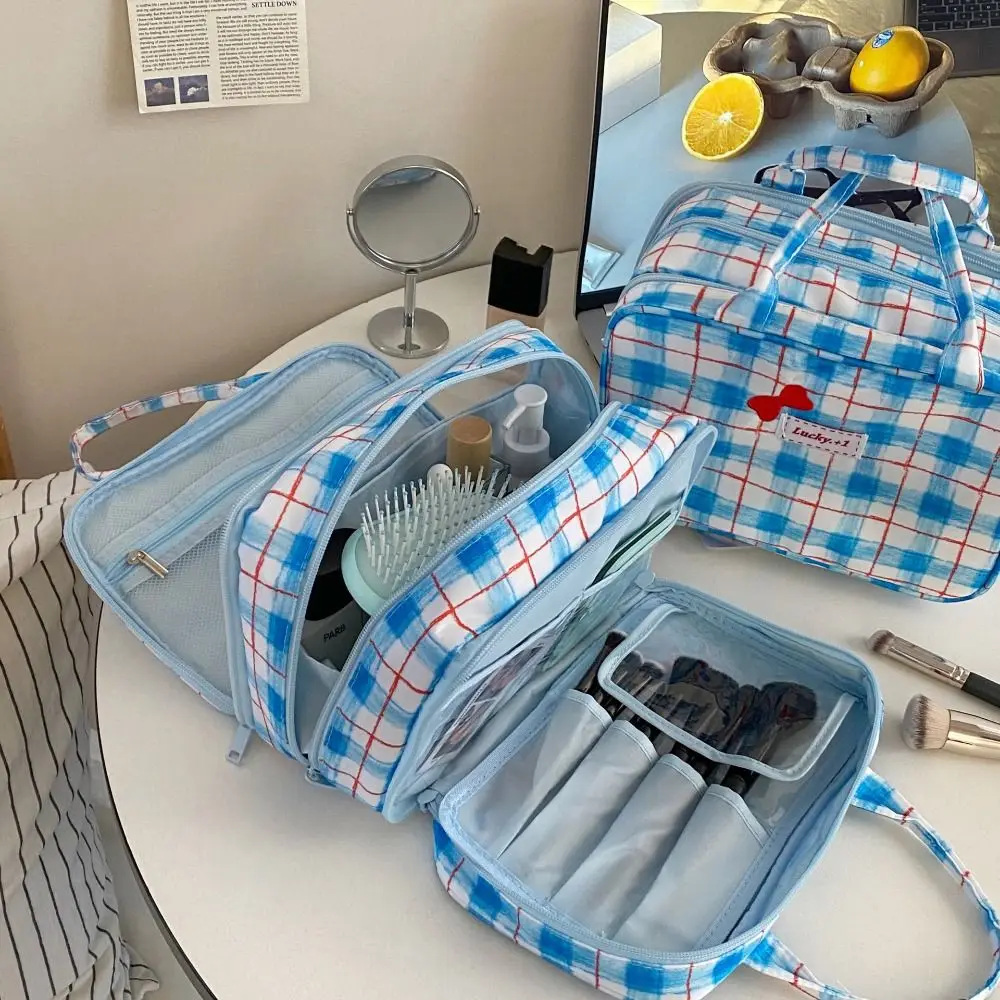 

Makeup Pocket Large Capacity Bow Makeup Bag Pink Cloth Large Cosmetic Bag Three-layer Handbag Travel Bag Women