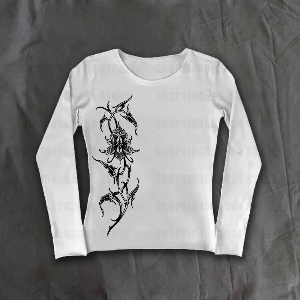 2000년대 아메리칸 고딕 레트로 90년대 에모 탑 일본 의류 Y2K 기하학 패턴 티셔츠 슬림핏 레트로 하라주쿠 긴팔 티셔츠