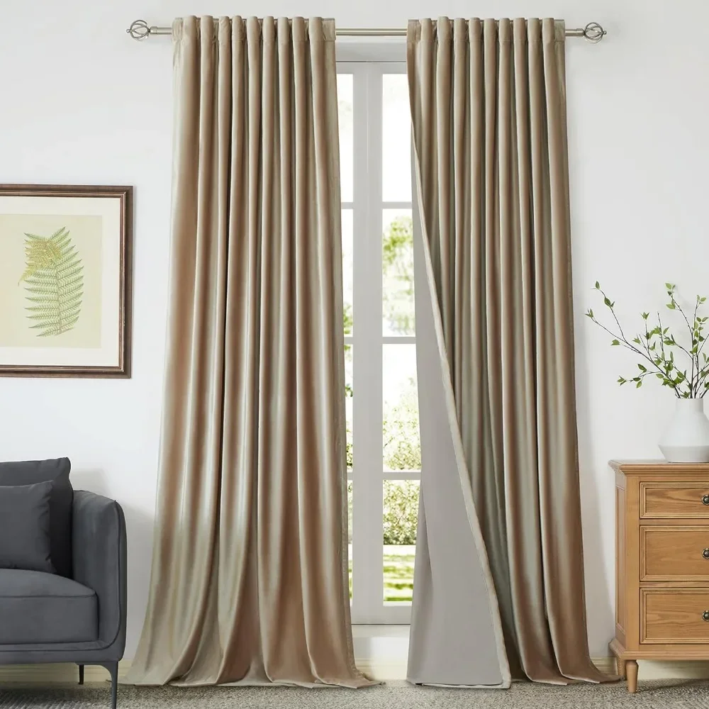 

100% Full Blackout Champagne Beige Velvet Curtains 108 inch Long ,Set of 2 Liner Rod Darkening Heavy Decorative Curtains