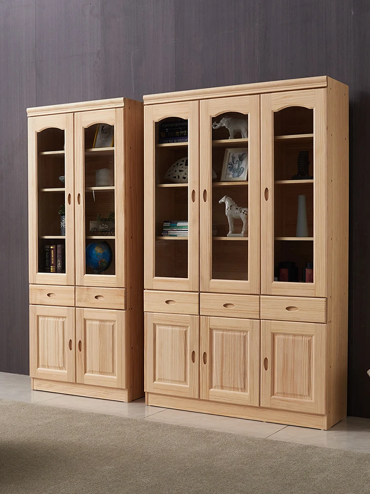 

All solid wood bookcase, pine two-door three-door bookcase combination with glass door, simple household floor-to-ceiling storag