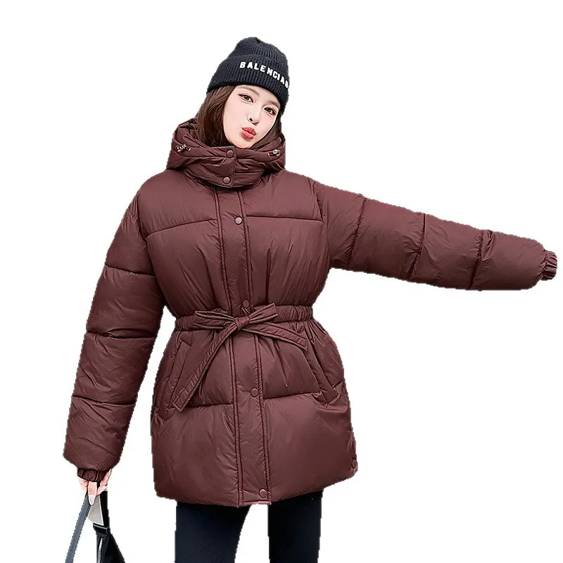 Hooded Parkas Coats Women Mid Length Jackets Solid Lace Up Pocket Zipper Waist Cinched Long Sleeve Loose Fit Casual 2025 Winter