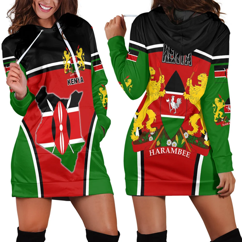 

Autumn Winter Women's African Zone Clothing Hoodie Women's Slim Street Harajuku Print - Kenya Active Flag Hoodie Dress