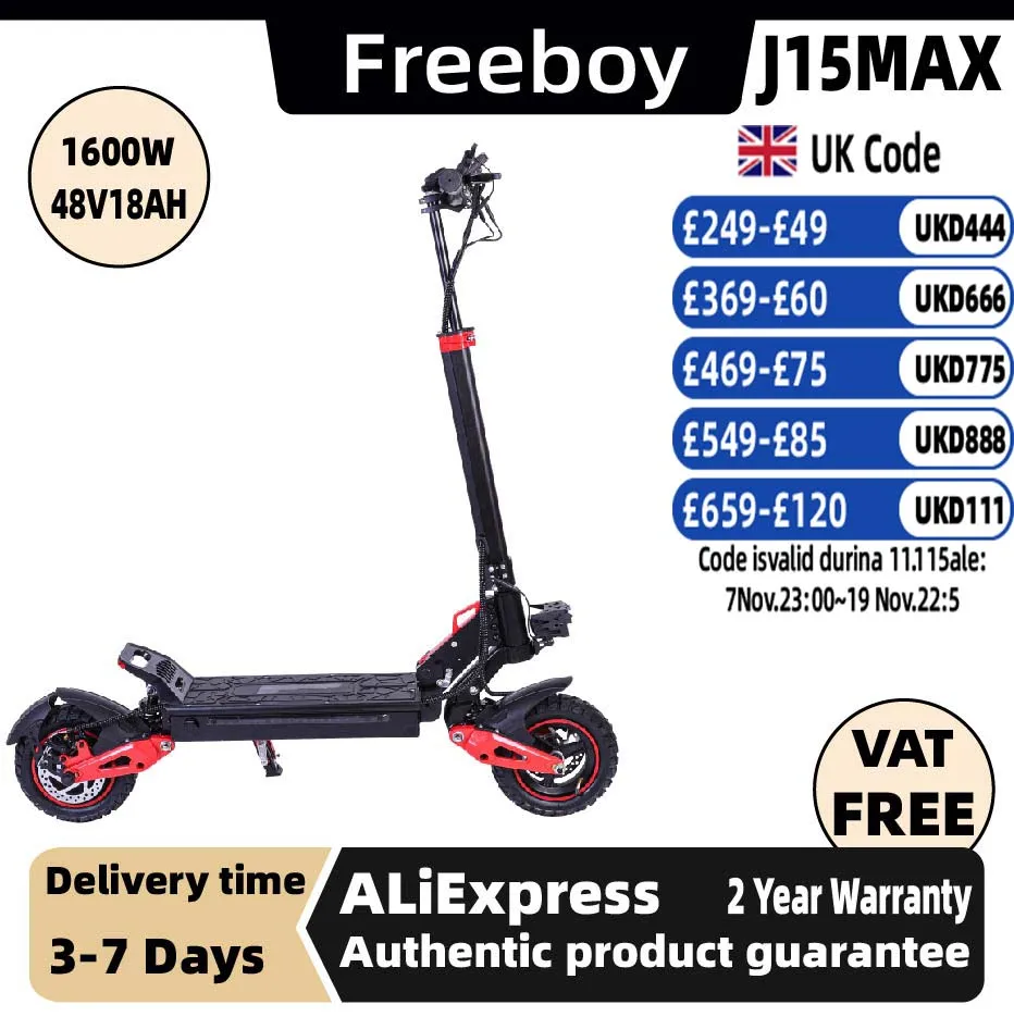FREEBOY J15max الكبار طوي Escooter 1600 واط سكوتر كهربائي 48V18AH 10 بوصة على الطرق الوعرة الإطارات E-mountain سكوتر