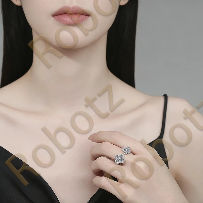 

2025 New 4-Leaf Clover Open Ring, Silver Plated Zircon Crystal Ring for Women, Adjustable Fashion Minimalist Luxury Party Jewelr