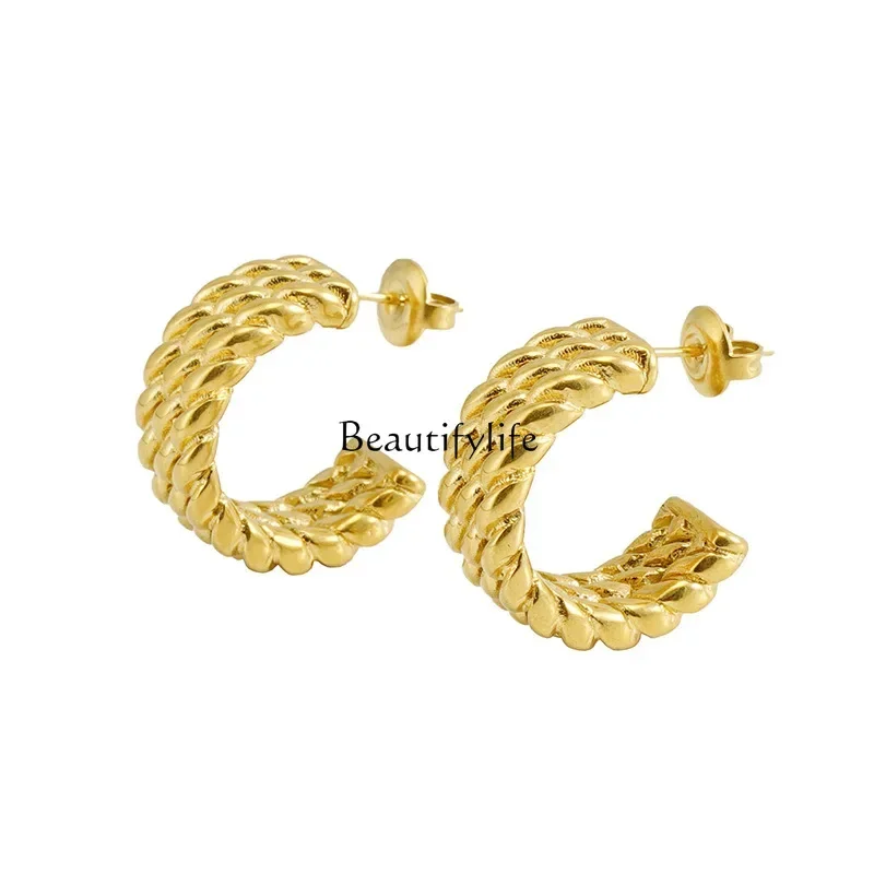 

Stainless Steel C- Shaped Twist Personality All-Match Titanium Steel Gold Vintage Earrings