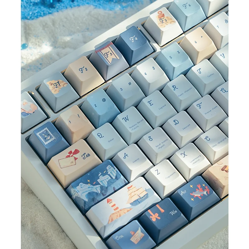 Nautical Chart Bule Theme Keycap 138Keys PBT Custom Cherry Profile Ocean Cute Keycaps for Mechanical Keyboard Accessories Gift