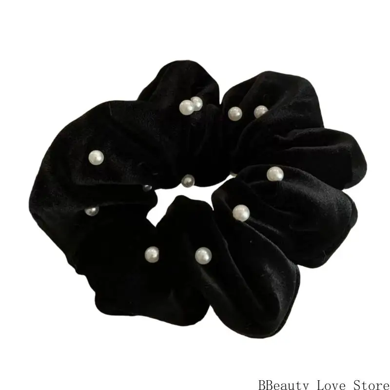 

Stylish Faux Pearls Embellished Fashion Scrunchie Ruffled Cloth Ponytail Holder