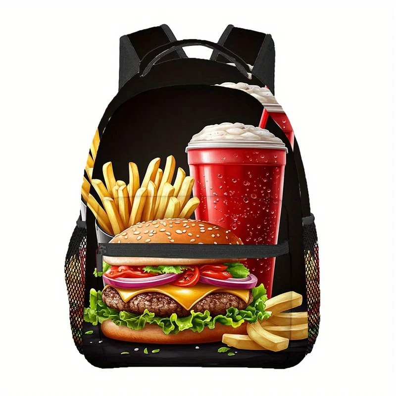 

Hamburger Fries Print Backpack - Lightweight Durable Polyester Unisex Hiking Backpack with Adjustable Padded Shoulder Stripes