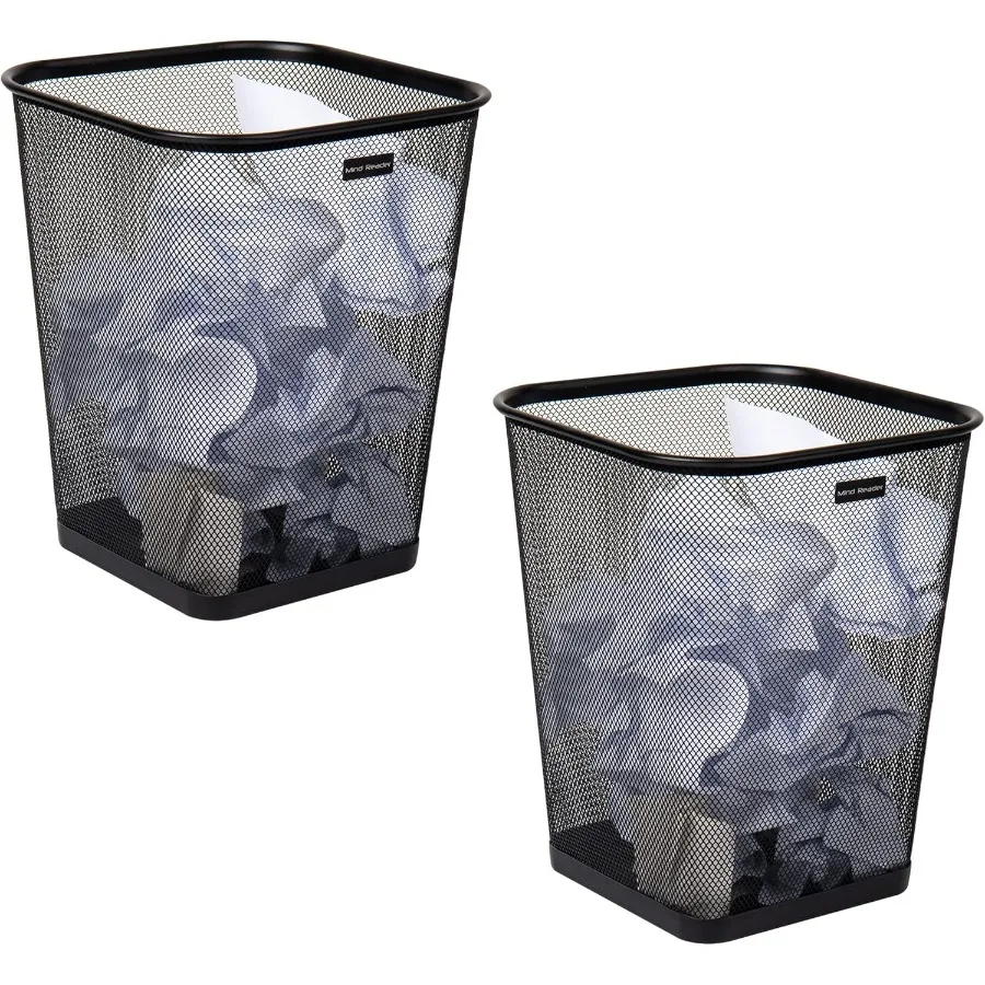 

Square Metal Mesh Trash Can Waste Paper Basket for Office Use 9.75L x 9.75W x 12.25H Set of 2 Modern Black Design for Desk or R