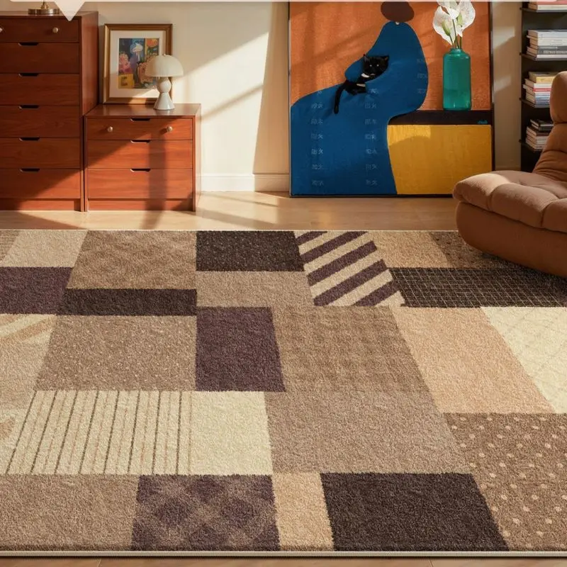 VIKAMA Mid Century Brown Plaid Leopard Patchwork Rectangle Rug Warm Neutral Tone Luxury Living Room Decor Carpet Home Decor