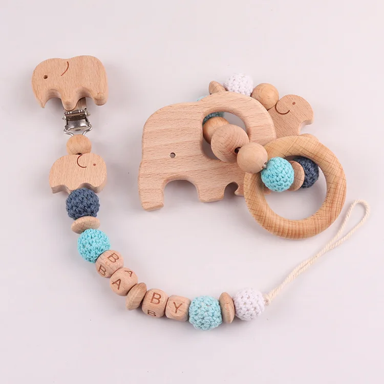 Personalized Baby Shower Gifts Wooden Elephant Pacifier Chain Wood Ring Neonatal Comfort Toys Cute Animals Gift for New Mom