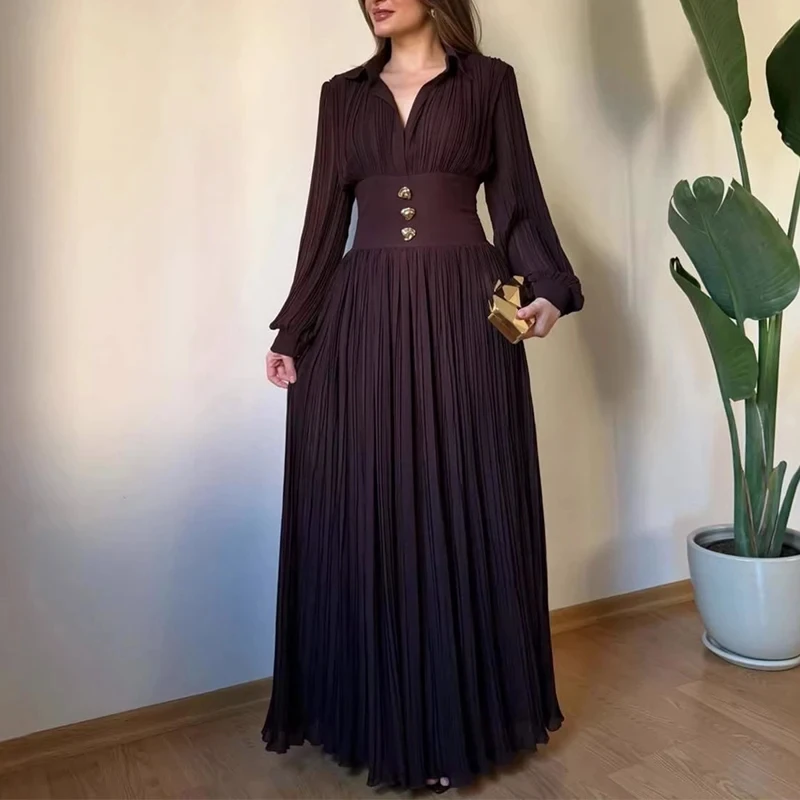

Lady High Waist Long Sleeve Pleated Dress Fashion New Solid Color Commute Maxi Dresses French Style Elegant V-neck Banquet Dress