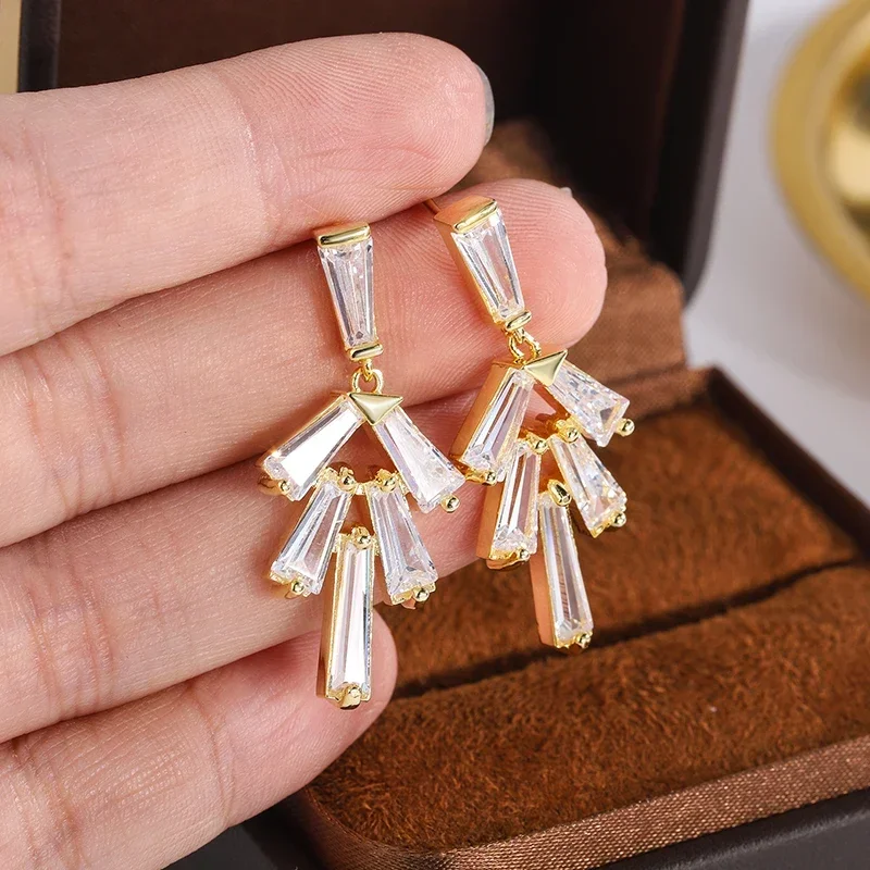 New Silver Plated Long Stud Earrings Super Shiny AAAA Zircon Geometric Earrings Fashion Women's Jewelry Engagement Accessories