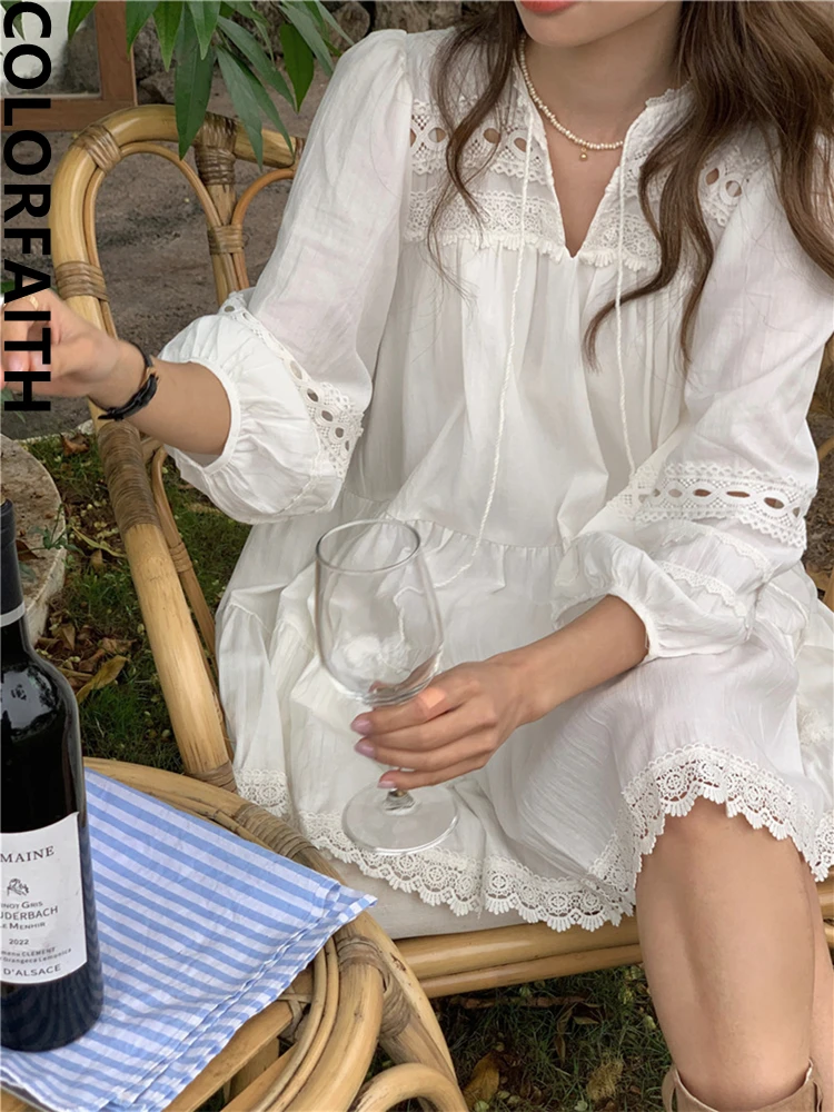 Colorfaith DR9976 New 2023 With Belt Chic Cutout Lace High Waist Korean Fashion Sweet Elegant Women Spring Summer Mini Dresses