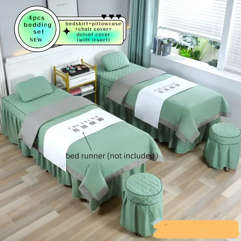 4pcs Color Matching Beauty Salon Bedding Sets Massage Spa Tuina Bed Covers Bedskirt Stoolcover Pillowcase Comforter Sets Sabanas