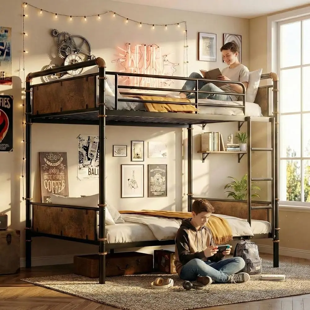 

Industrial-Style Twin XL Bunk Bed for Kids & Teens: Heavy-Duty Metal, 15.9 Guard Rail, Space-Saving, Noise-Reduced, Black