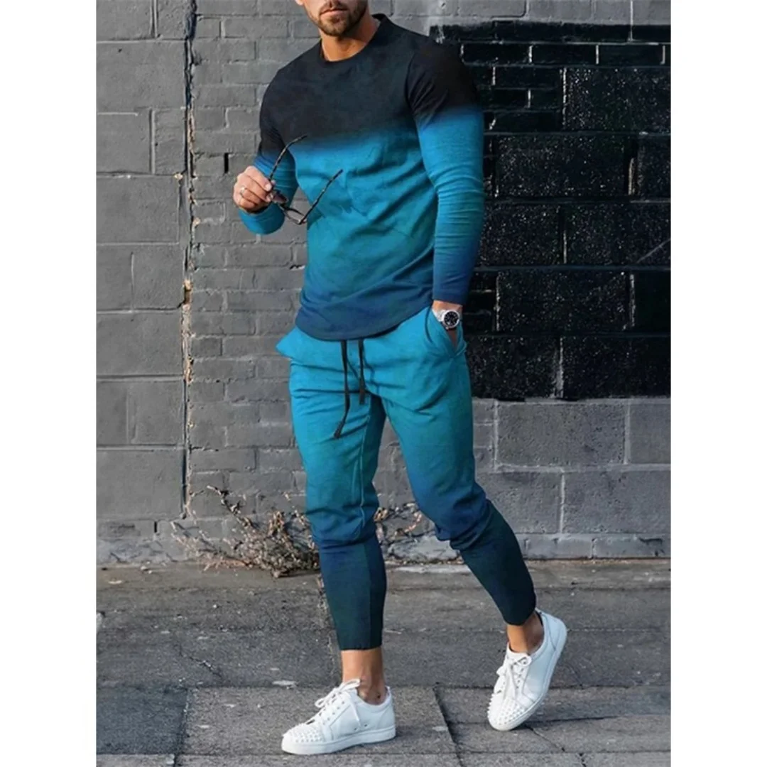 Fashion Mens Two Piece Sets Graphic Printed T-Shirts And Slim Pants Suits For Men 2023 Spring Autumn Clothing Casual Streetwear