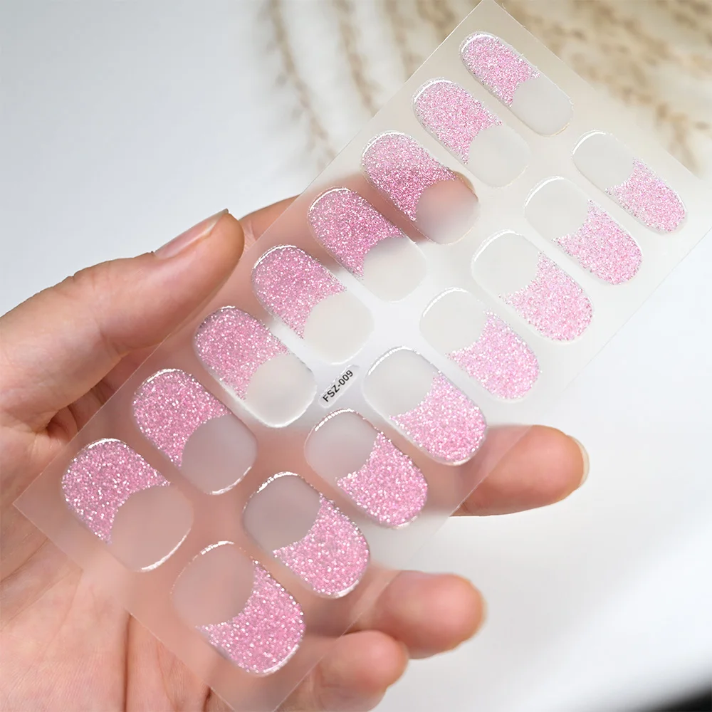 Enveloppes pour ongles en gel semi-durci à paillettes violettes, autocollants français, couverture complète, lampe LED UV brillante, curseur UV longue durée, 16 embouts