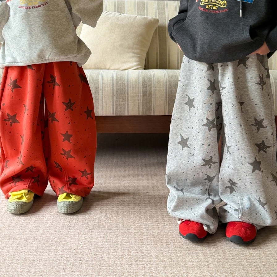 Pants 2026 Spring and Autumn New Childrens Clothing Korean Boys and Girls Full Print Five-pointed Star Loose Wide-leg Pants