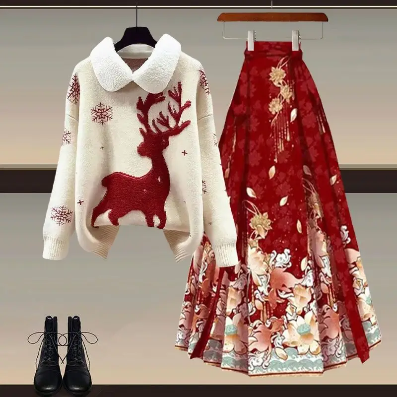 

Autumn And Winter New Year Red Sweater Hanfu New Chinese Clothing Horse Face Skirt Set Elk Print