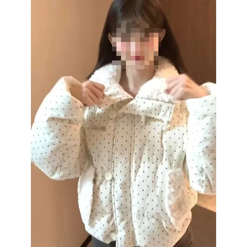 

Хлопковая куртка в горошек с шерстяным воротником, зимняя милая новая утолщенная свободная хлопковая куртка