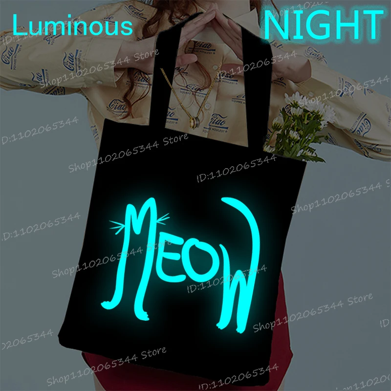 

Женские сумки на плечо с мультяшным котом, светящийся стиль, принт в стиле Харадзюку, холст без молнии, сумка-тоут, сумка для покупок, многоразовые сумки для девочек