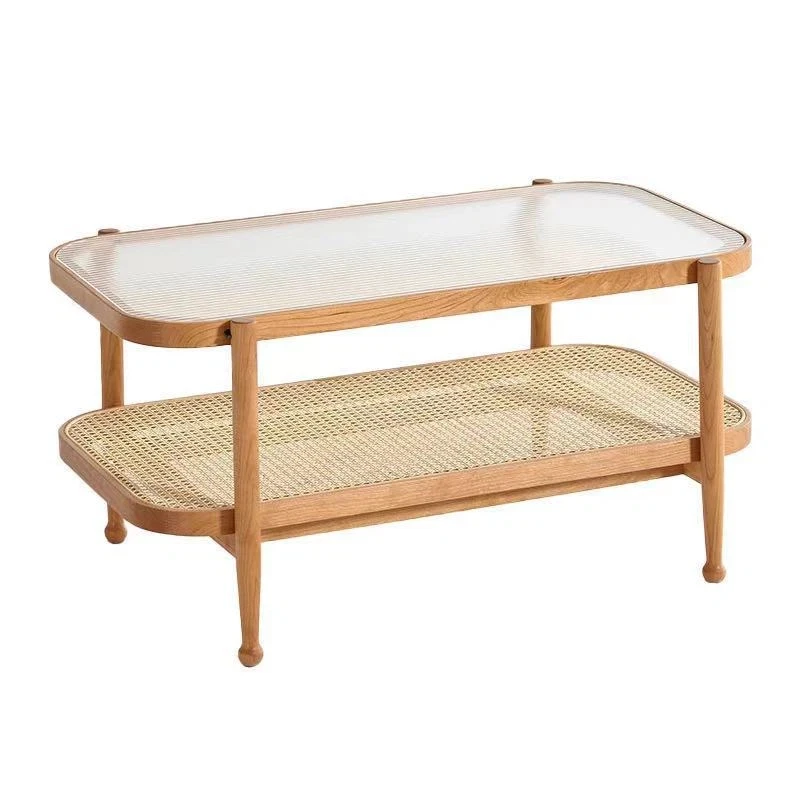 Nordic rattan coffee table living room solid wood round glass surface coffee table