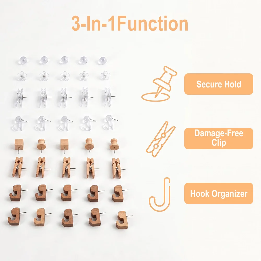 100Pcs Multifunctional Push Pin Clips Thumbtack Wooden+Transparent Plastic Clips Push Pins Home Wall Decoration Offices Supplies