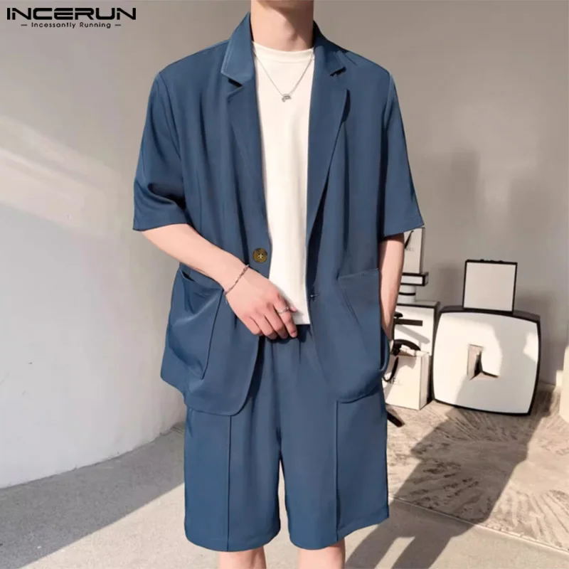 INCERUN 2024 Men Sets Solid Color Summer Lapel Short Sleeve Blazer & Shorts Two Pieces Sets Streetwear Men\'s Casual Suits S-5XL