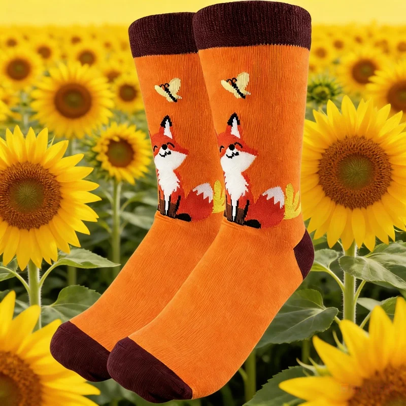 1 Paar bezaubernde Socken mit Fuchsmuster, gemütliche braune und orangefarbene Freizeitsocken für Damen/Mädchen