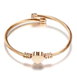 316L Stainless Steel Heart Cable Bangle For Women Hand Bracelet Waterproof Jewelry Accessories Adjustable Size
