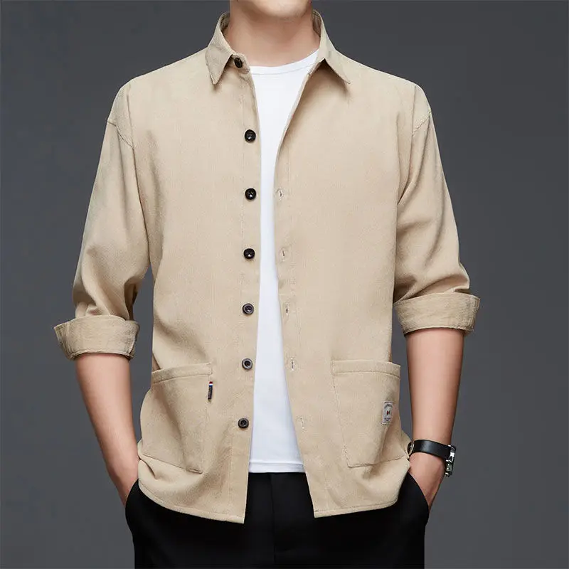 

Stylish Solid Color Lapel Button Spliced Pockets Shirt Men's Clothing 2022 Autumn New Oversized Casual Tops Loose Korean Shirts