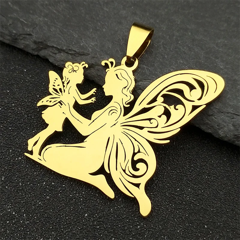 3Pcs Angel Mother Children Pendants For Women Men Stainless Steel Gold Color Mom Girl Hollow Charms Jewelry Gift