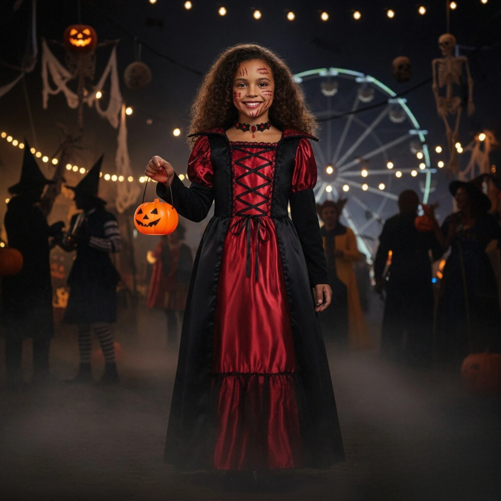 Halloween-Vampir-Kostüm für Mädchen, Kleidung, Dämon, Vampir, Königin, Cosplay, Kinder-Verkleidungskleidung mit Hut, Karneval, Party, Geschenk