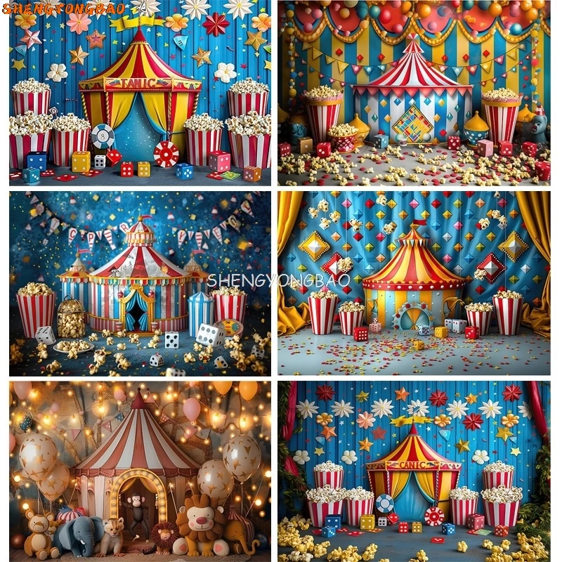 

SHENGYONGBAO Circus Tent With Striped Canopy Photography Backdrops Balloons Birthday Party Decor Animal Clown Background SD-02