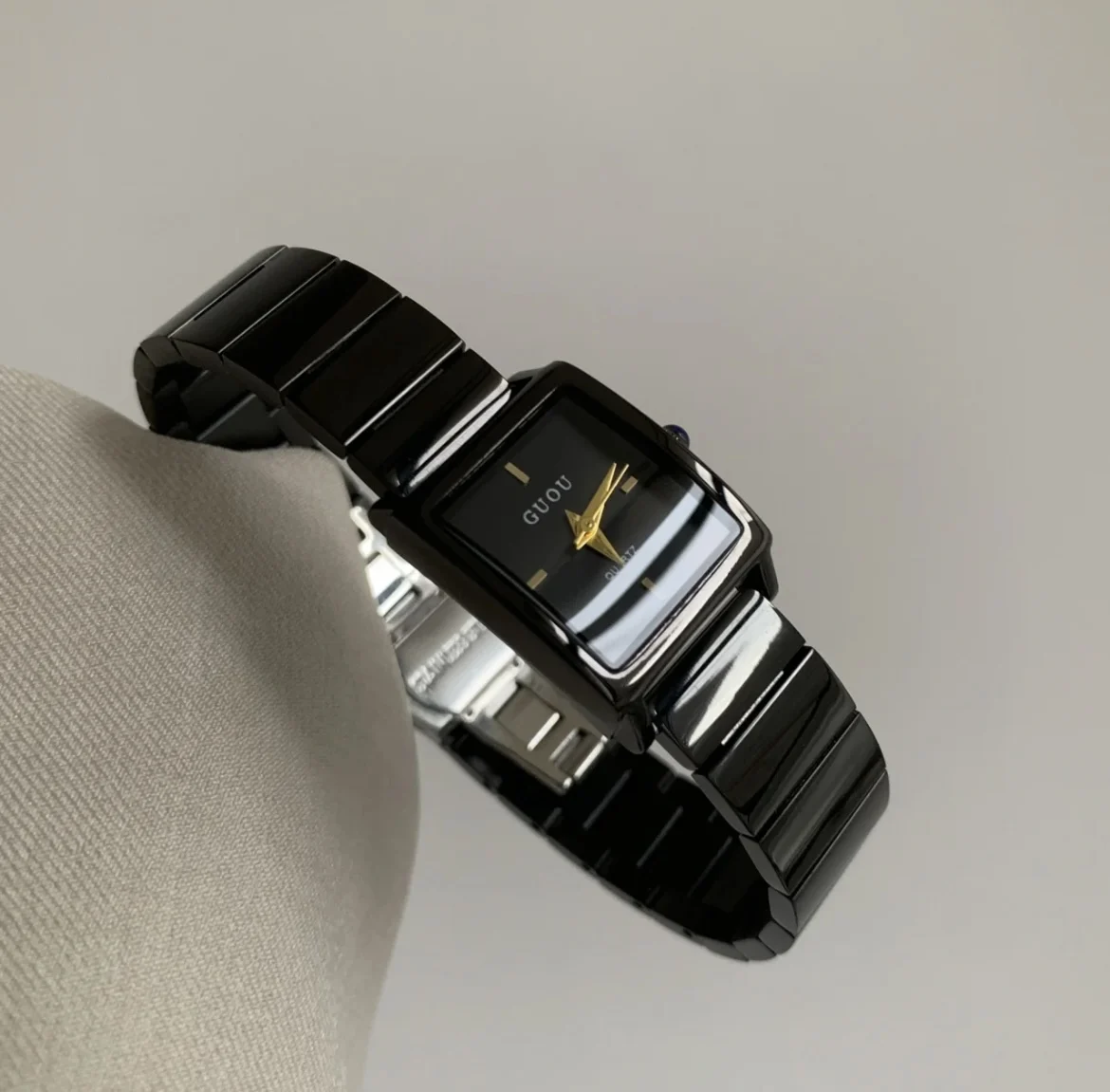 Cool and stylish square black simple and versatile steel band quartz watch. Women's designer watch. Birthday gift for women.