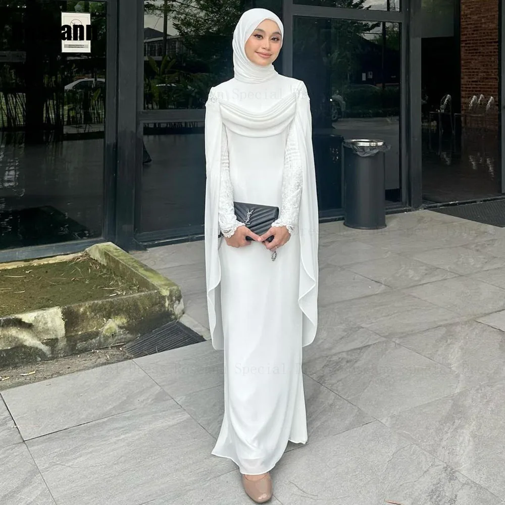 

Muslim Exquisite A-line Wedding Dresses Ruffle Button Applique Draped Pleat Floor Length Bride Dress Brush Train robe de mariée
