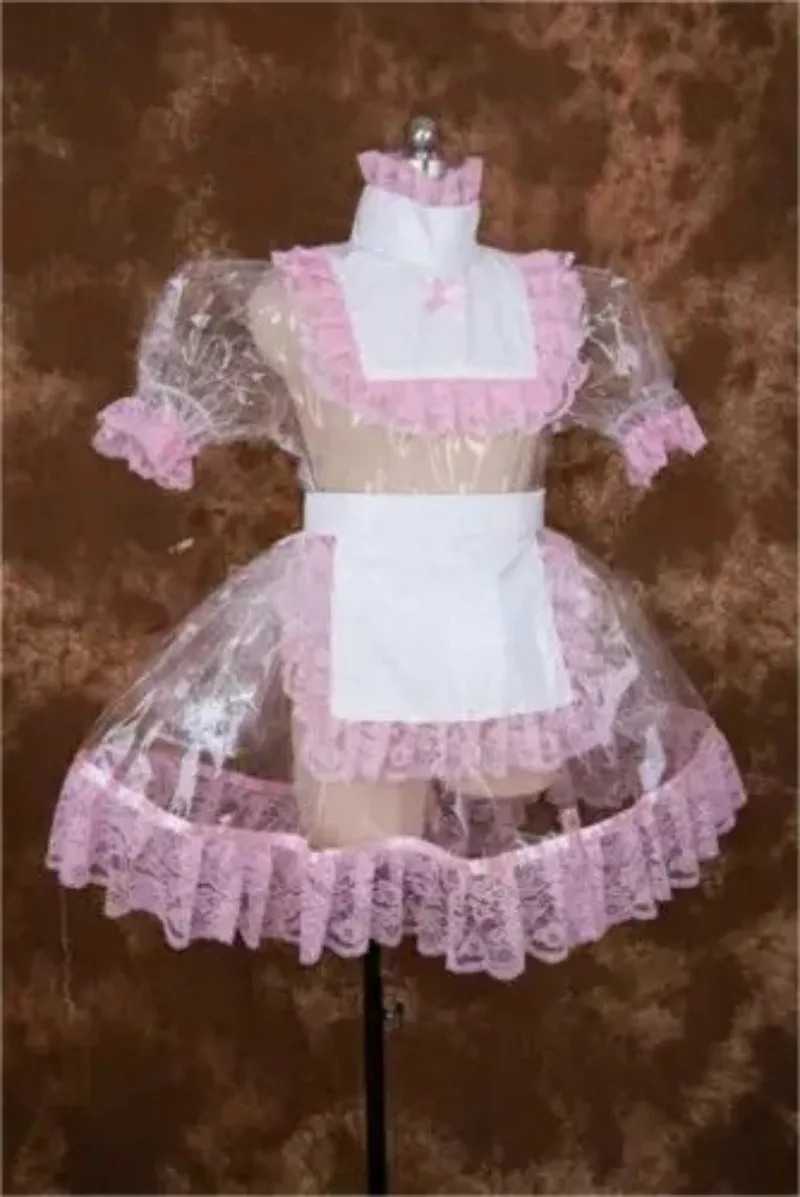 

Sissy White Transparent Sexy Maid PVC Lockable Dress Pink Lace Lace Cosplay Halloween Costume Party Banquet Customized
