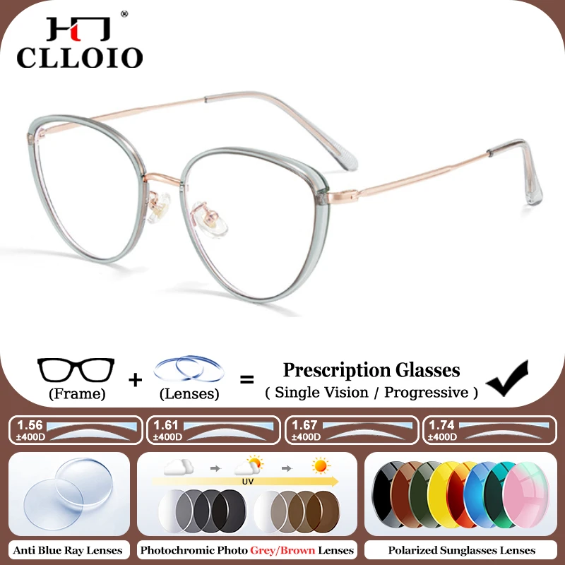 

CLLOIO Simple Geometric Cat Eye Prescription Glasses Anti Blue Light Progressive Office Eyeware Women Photochromic Eyeglasses