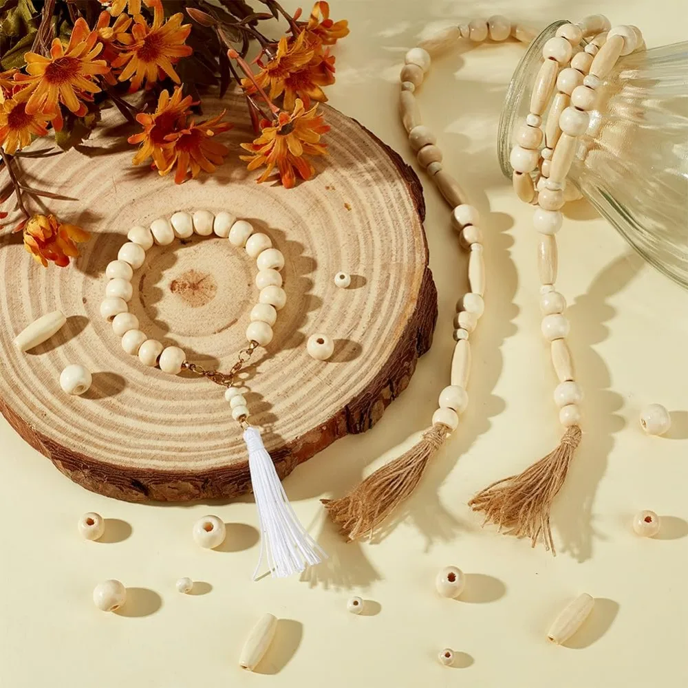 480개 4가지 스타일 나무 구슬 목공예 구슬 6~23mm 쌀알 모양 원형 나무 스페이서 구슬 마크라메 헤어 공예용