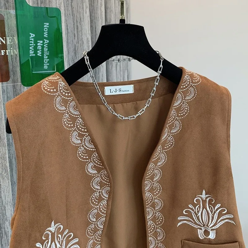 Retro n Embroidered Tassel Vest Top Summer Travel Photoaphy Pure Color Skirt Matching Svel V-Ne ort Length