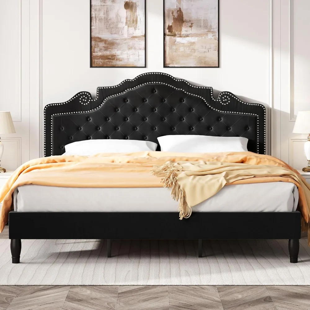 King Size Platfrom Bed Frame with Adjustable Headboard/Velvet Upholstered Diamond Button Tufted and Metal Studs