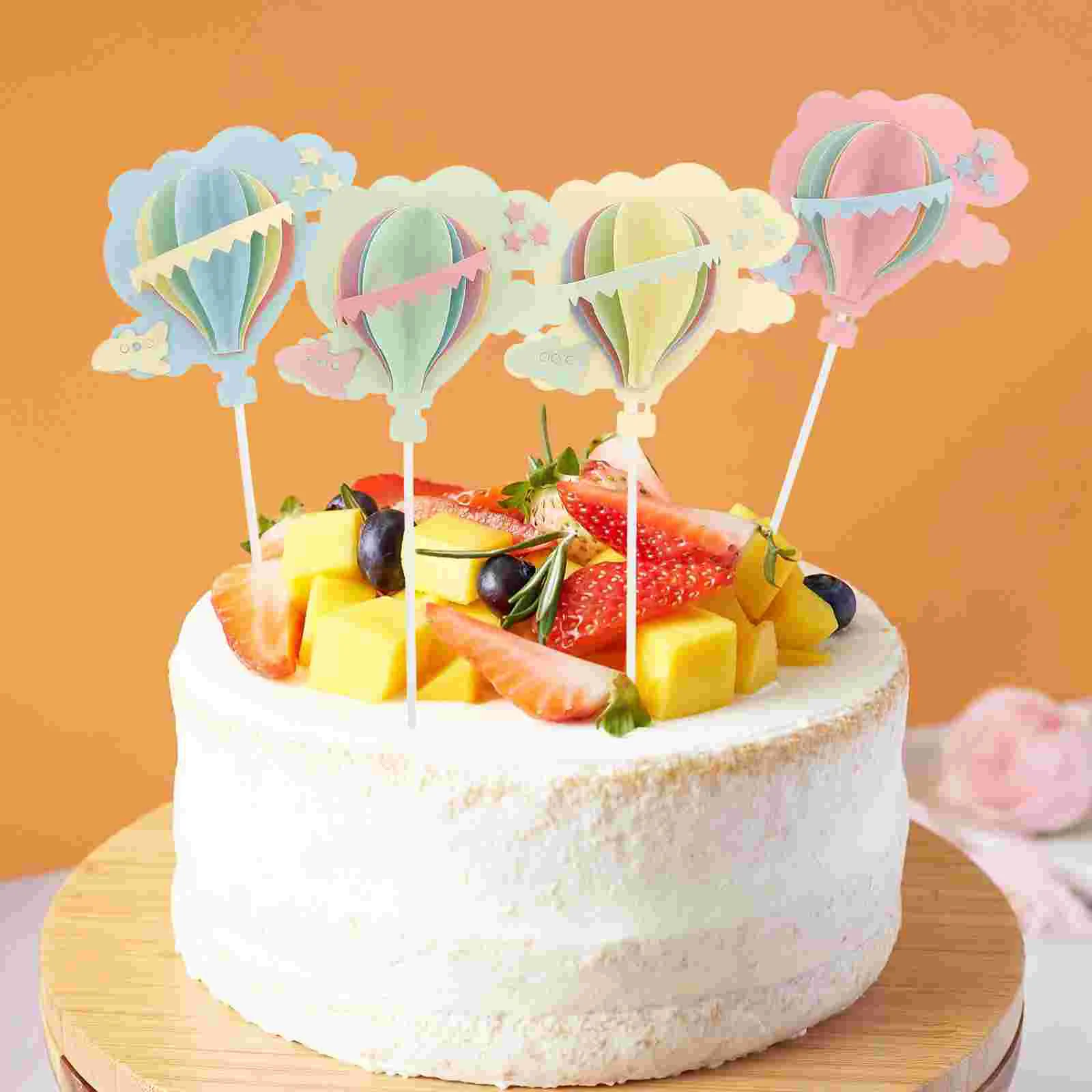 4 stuks 3D Wolken Heteluchtballonnen Cake Topper Party Cake Pick Cake Decoraties (Blauw, Roze, geel, Groen)