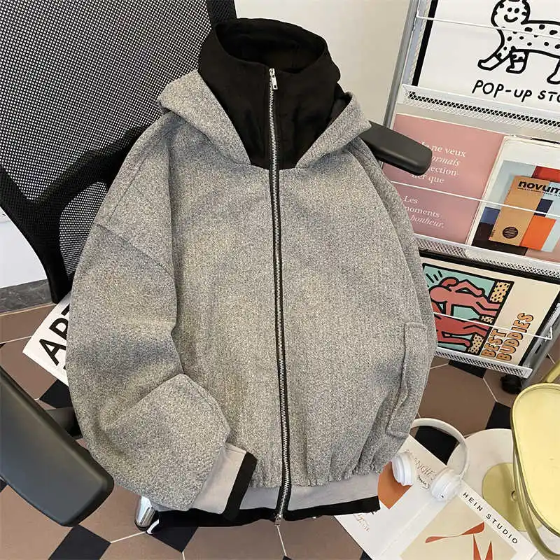Frauen Grau Langarm Herbst Jacke Mäntel Vintage 2000er Jahre Harajuku Oversize Hoodie Rollkragen Patchwork Jacke Oberbekleidung Kleidung