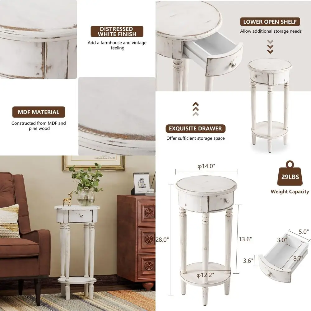 

Компактный бежевый торцевой столик с выдвижным ящиком, круглая тумбочка, индустриальный стиль для гостиных