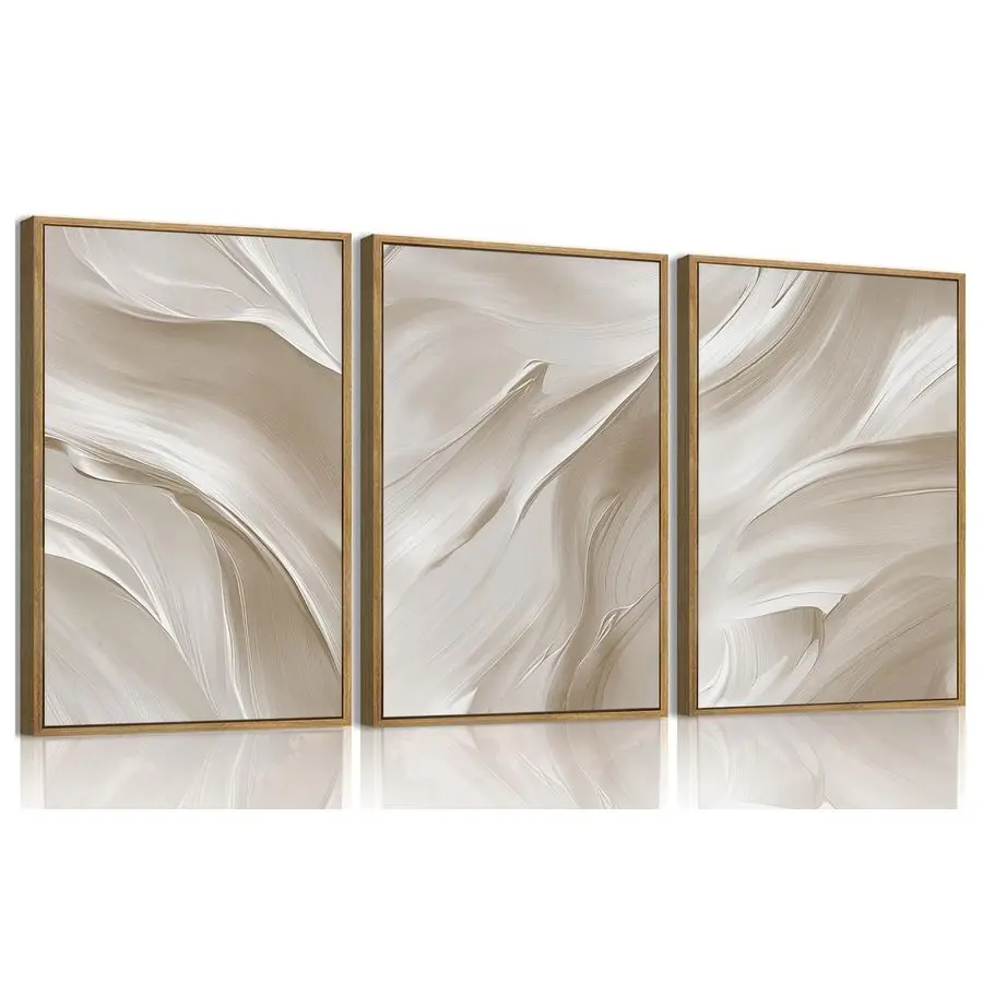 

3 Piece Large Abstract Framed Wall Art For Living Room, Smoke Texture Ink Beige White Canvas Wall Art Modern Minimalist Art Prin