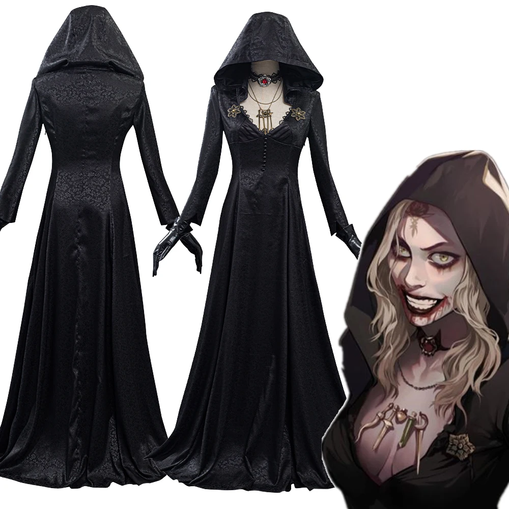 

Women Moth Lady Cosplay Costume Black Dress Evil Remake Village Girls Halloween Carnival Outfits Party Vampire Disguise Suit